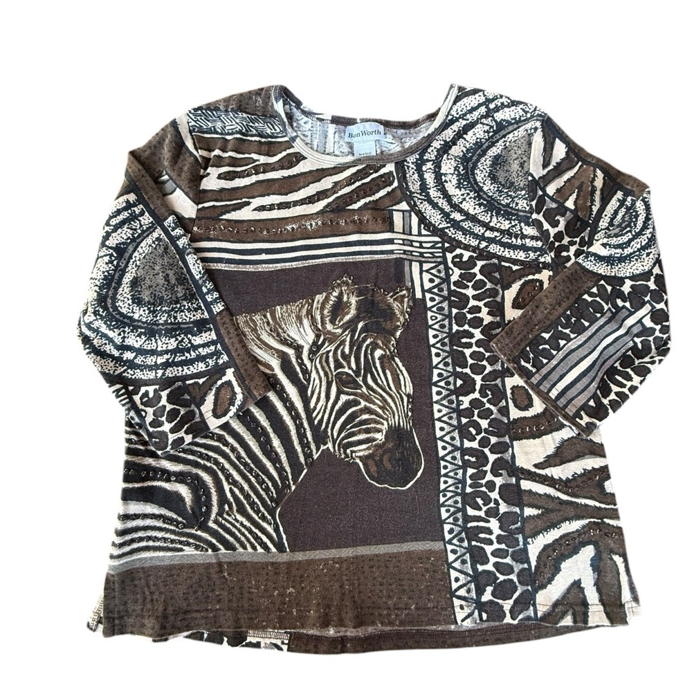 BonWorth Women's Vintage Zebra Print Beaded Blouse Size MP Safari Artsy 90s
